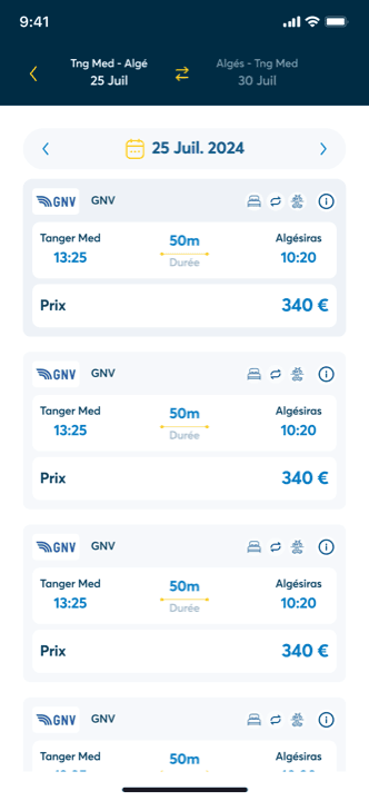 Liste des traversées Tanger Med – Algésiras avec horaires et prix dans l'application Tickets Bateau