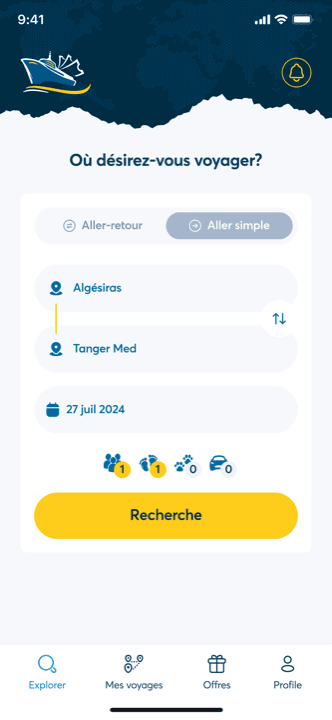 Recherche de traversée en ferry dans l'application mobile Tickets Bateau